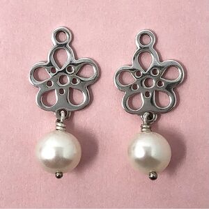Pandora Compose silver 925 flower and pearl dangle attachment earrings - 290617P